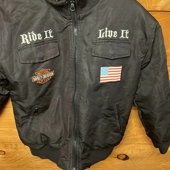 Harley-Davidson Reversible Ride It Live It Bomber Jacket Pocket Zip Black PTP 20 - Picture 2 of 13